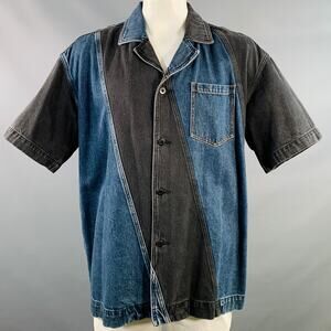 FENG CHEN WANG Size XL Black Indigo Patchwork Cotton Short Sleeve Shirt